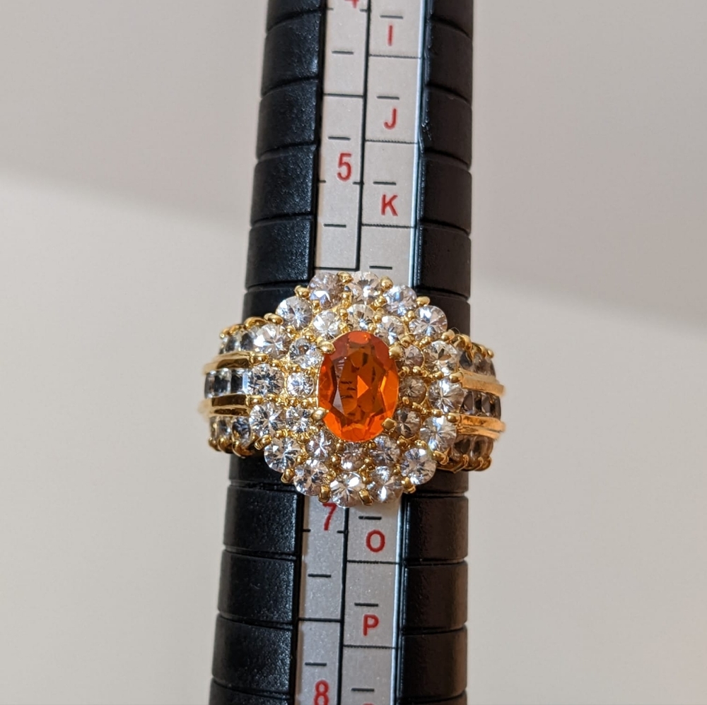 18K Yellow Gold Fire Opal Sapphire Halo Cocktail Ring - Picture 11 of 16